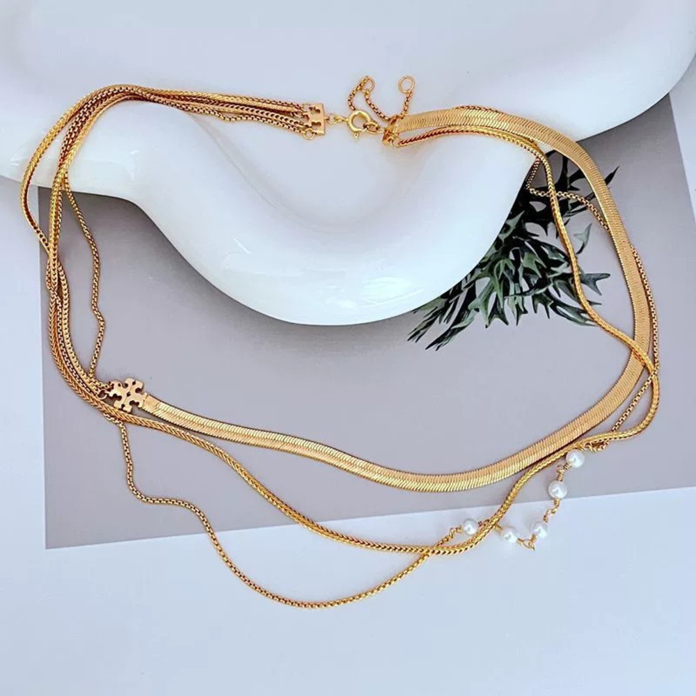 Tory Burch Trendy Wide Flat Thin 3 Layer Asym Snake Chain Pearl Letter Metal